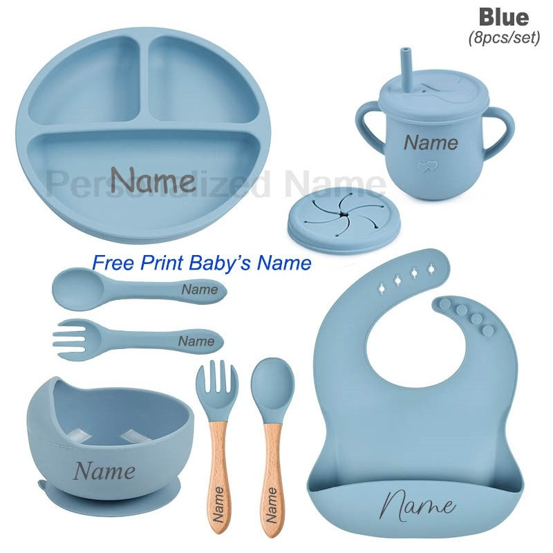 8Pcs Silicone Tableware Set Personalized Name Logo Baby Feeding Set Spoon Fork Suction Cup Bowl Silicone Dinner Plate For Kids