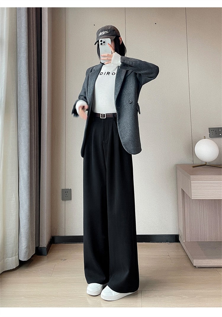 High Quality Woolen Wide Leg Pants Women Streetwear Belt Baggy Black Suit Pants Winter Korean Fashion Casual Straight Trousers