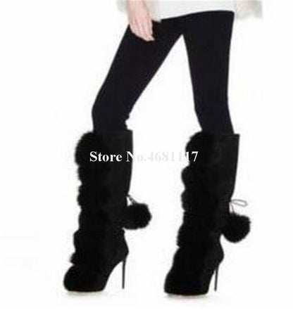 Fluff Knee High Boots Round Toe Black Suede Fur Ball Thin Heel Boots Slip On Lace Up High Heel Boots Winter Women Fashion Boots