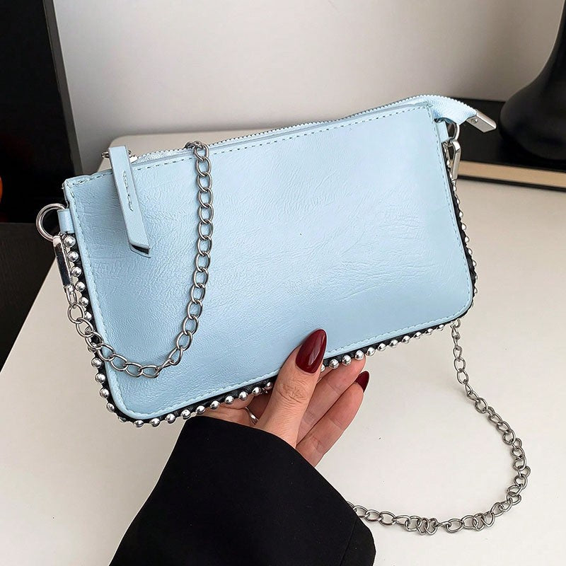 Women's retro classic bead chain design elegant and exquisite crossbody bag solid color commuting envelope bag.