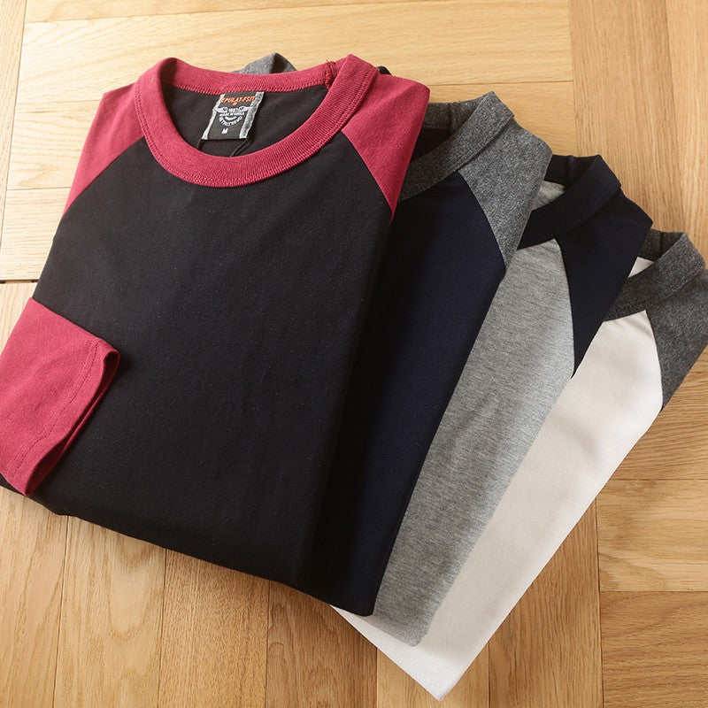 Summer New American Retro Raglan Long-sleeved O-neck Montage T-shirt Men's Fashion Simple 100%Cotton Washed Casual Sport Tops