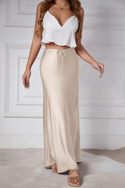 New In 2025 Spring Summer Solid Color Satin Long Skirt For Women High Waist Lace