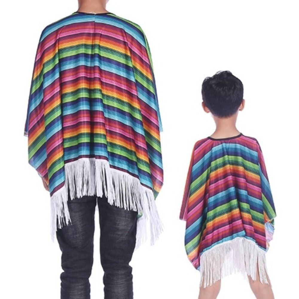 Ethnic Cloak Mexican Costume Halloween Rainbow Stripe Mexican Style Cloak Cape Dress-up Cosplay Mexican Poncho Festival Party