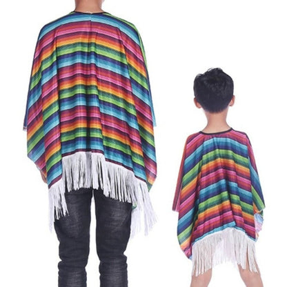 Ethnic Cloak Mexican Costume Halloween Rainbow Stripe Mexican Style Cloak Cape Dress-up Cosplay Mexican Poncho Festival Party