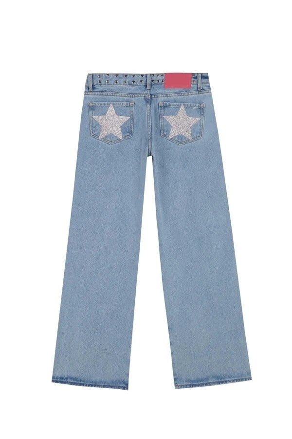 Women Y2K Vintage Jeans Patchwork Leopard Star Pattern Metal Rivet Jeans Female Baggy Casual Straight Leg Pants Women Clothing