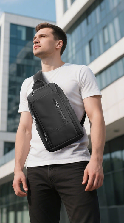HK Anti-theft Men's Shoulder Bag Waterproof Chest Crossbody Bag with USB Oxford Leisure Satchel Multi-Pockets Sling Bag for Male