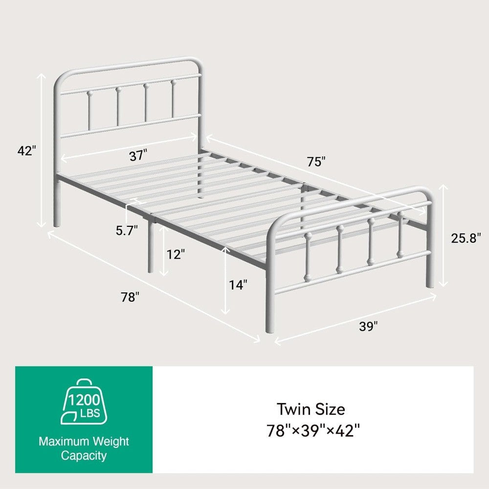 Estrutura de Cama de Metal Tamanho Solteiro – Estilo Vitoriano Moderno Minimalista com Cabeceira/Peseira, Estrados de Aço Resistentes/Embaixo da Cama