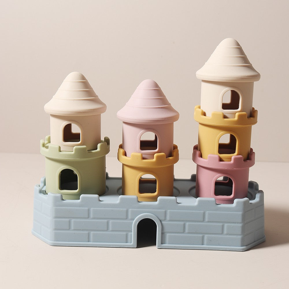 Conjunto de Brinquedos de Mordedor para Bebês com 8 Peças - Conjunto de Blocos de Construção de Castelo em Silicone, Acalma Gengivas Doloridas, Empilhador Sensorial Mastigável Livre de BPA