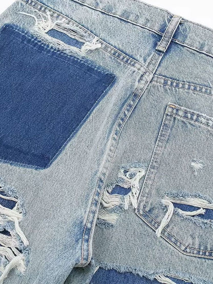 HH 2024 Women's Street Fashion Denim Blue Jeans Distressed Patchwork High Waist Zipper Fly Ripped Retro Long Pants