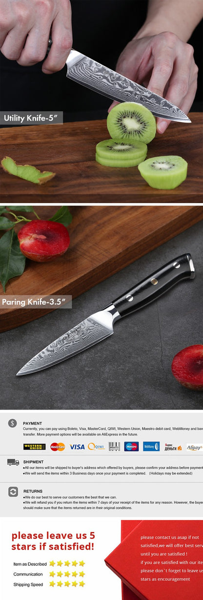 TURWHO Chef Knife 1-5 PCS Kitchen Knives Set 67 Layer Damascus Steel Japanese Nakiri Santoku Cleaver Slicing Bread Utility Knife
