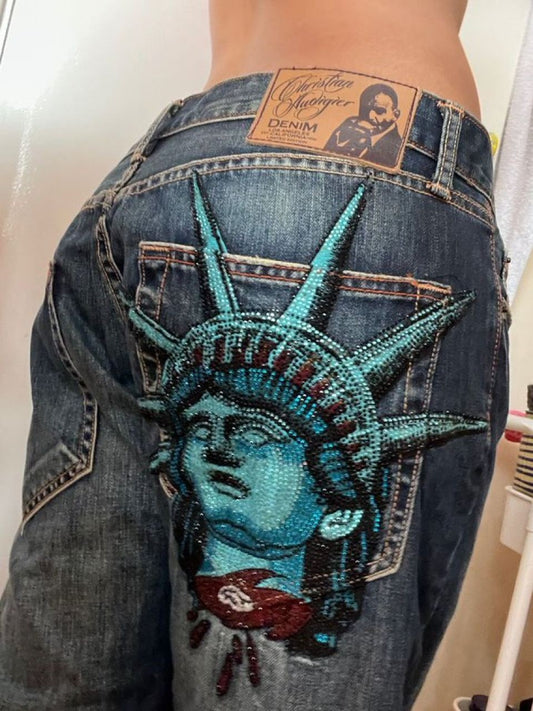 Vintage Statue of liberty Diamonds Jeans Casual Denim Pants High Waist Straight Wide Leg Jeans Harajuku Y2k 2000s Women Clothing