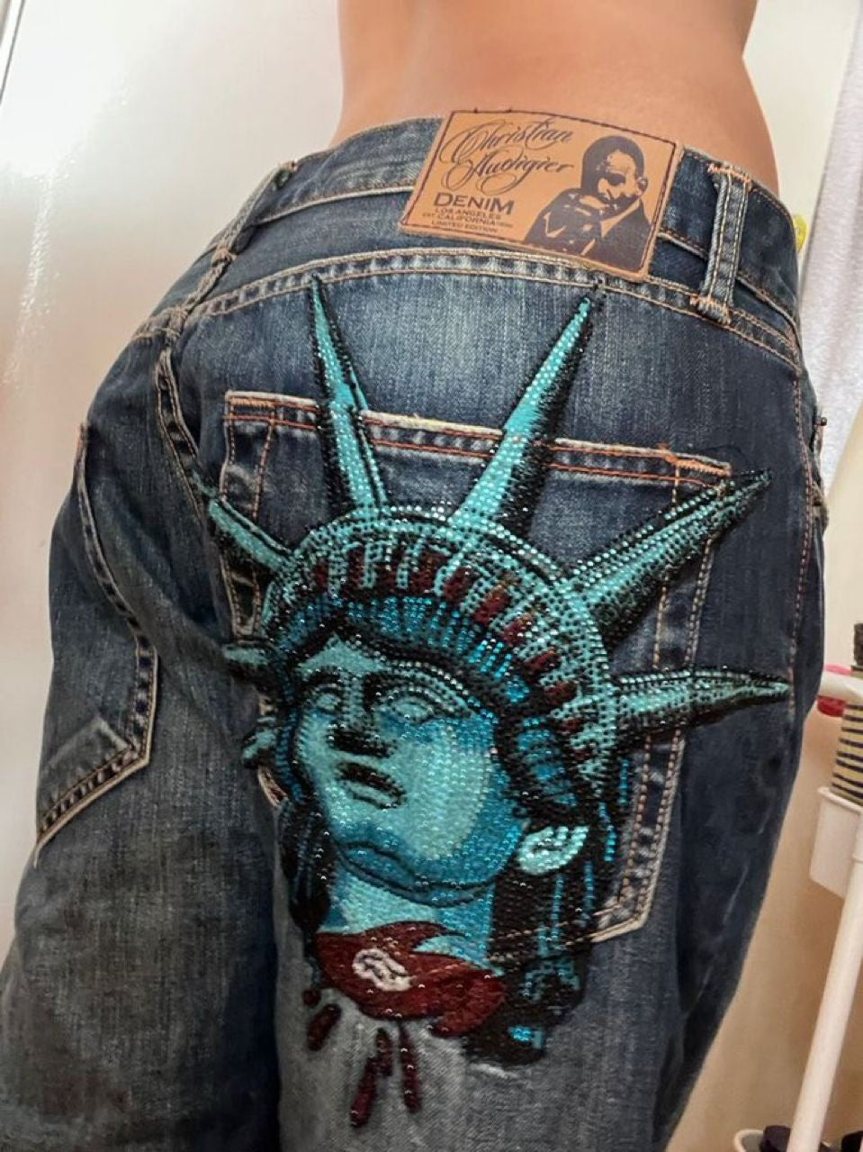 American Vintage 2000s Diamonds Jeans Y2k Statue of liberty Casual Denim Pants Low Waist Straight Wide Leg Jeans Women Clothing