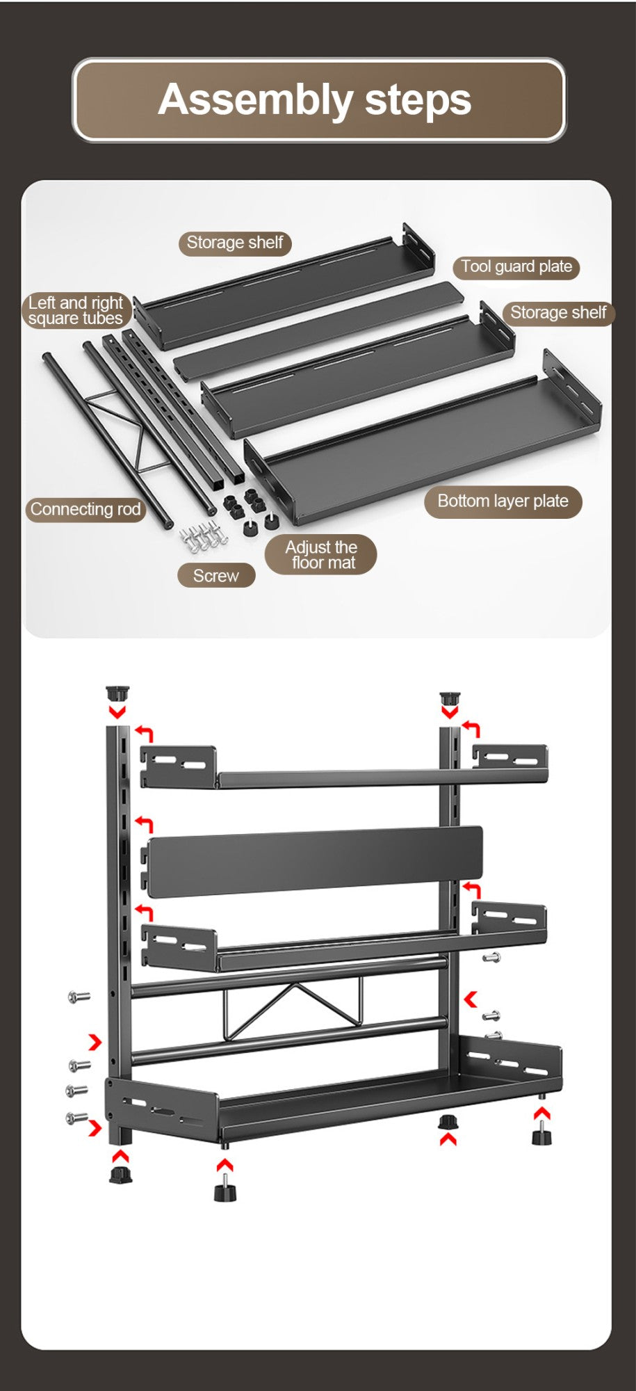 3 Tier Spice Storage Rack for Countertop Adjustable Spice Organization for Cabinet Kitchen Organizer Metal Shelf Black