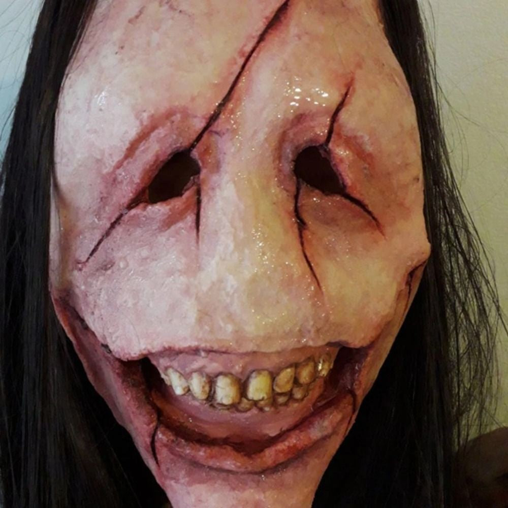Scary Long Hair Red Face Devil Mask Exposed Teeth Latex Headgear Wig Horror Face Masks Creativity Spooky Scary Demon Mask