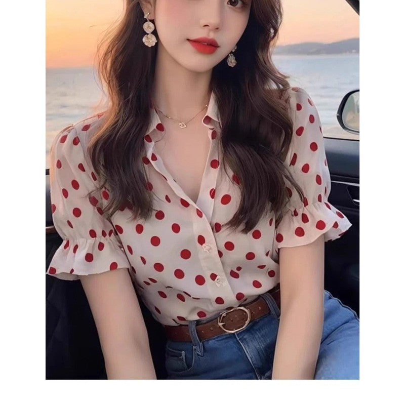 Ladies Fashion Loose Simplicity Elegant Trend Vintage Women's Shirt Buttons Polka Dot Flare Sleeve Temperament Short Sleeve Top
