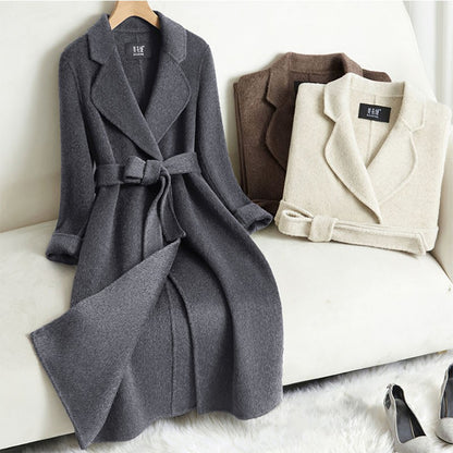 Grey Double-sided Cashmere Coat For women Slim For Autumn Winter New Winter High-end Temperament Thick Woolen Coats With belt