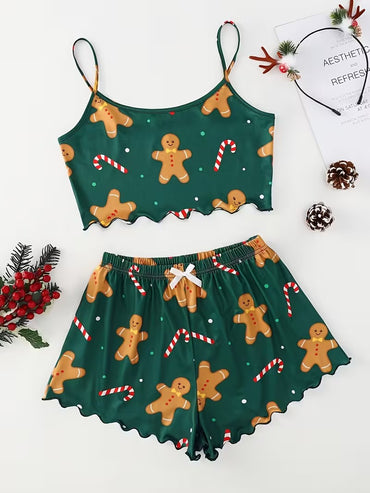 Women's Sleepwear Soft Christmas Festival Cute Gingerbread Print 2 Pieces Pajama Set Crop Tops and Shorts Loungewear