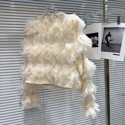 2025 Autumn New French Pearl Lace Layered Mesh Jacket Top