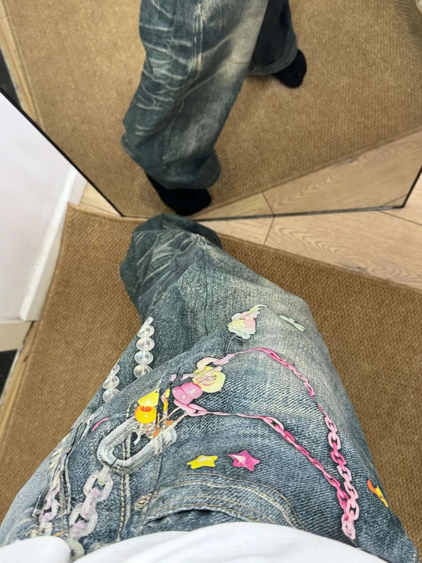 Calça Jeans Casual Unissex com Estampa Digital 3D de Corrente de Doce Estilo American High Street, com Efeito Desgastado e Perna Reta