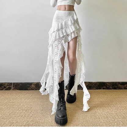Sexy High Waist Lace Ruffles Skirts Women 2025 Spring Irregular Y2k Skirts Women Fashion Black Patchwork Party Clubwear Gothic
