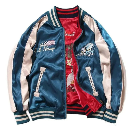 Satin Embroidered Bomber Jacket Men Women Couple Wear Coat Korean Oversize Sukajan Retro Spring Autumn 2025 Z1