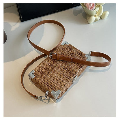 Couple's Sling Bag Straw Weaving with Corner Metal Decoration Boxy Shape Doctor Bag for Date Back to School Party Shoulder Bag