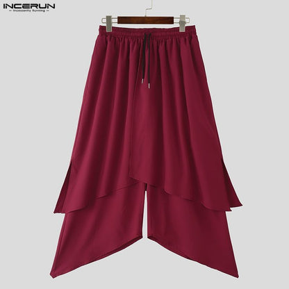 INCERUN Men Irregular Pants Solid Color Drawstring Loose Casual Wide Leg Trousers Men Streetwear 2025 Fashion Male Skirts Pants