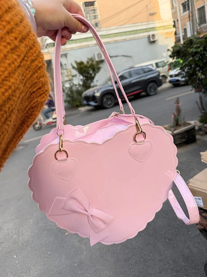 PU Heart Lolita Handbags Girls Bowknots Decor Japanese Shoulder Bags Two Sized Kawaii Shell Purses Cute Pink Messenger Bag Gifts