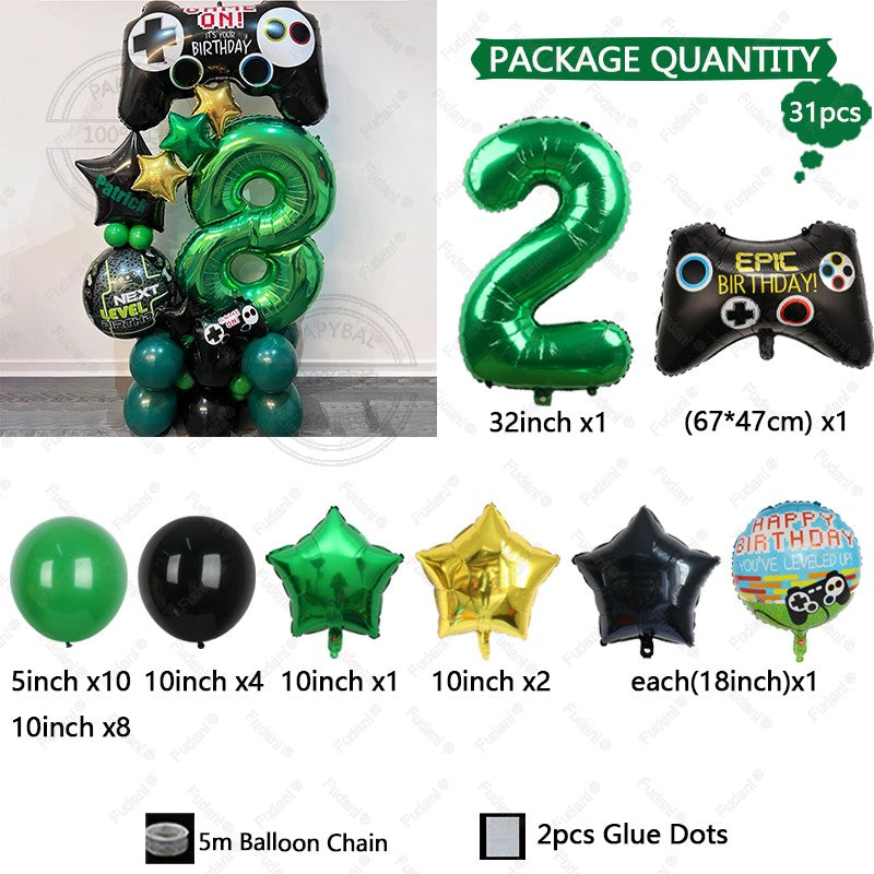 31pcs Gamepad Theme Balloon Green Number Birthday Balloon Set Game Theme Party Decoration Birthday Surprise Gifts