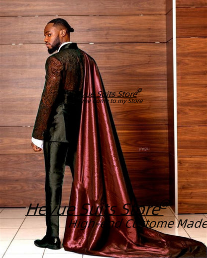 Customized Black Jacquard Shawl Lapel Jacket Pant Cape Groom Wedding Tuxedos Luxuly Male Prom Party Blazers Handsome Ropa Hombre