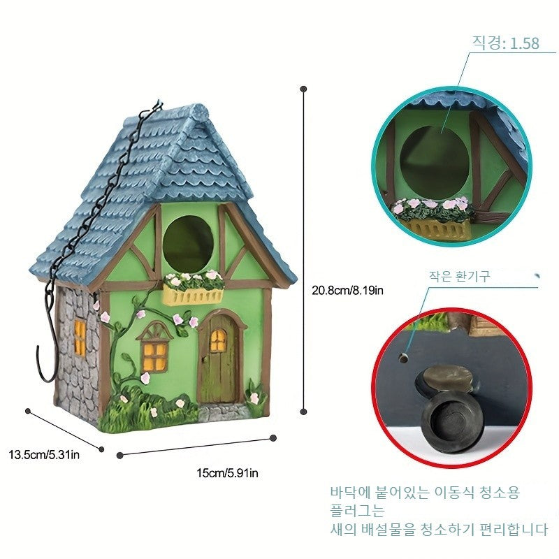 Casa de Pássaro Rústica para Jardim, Resina ABS Durável com Telhado de Madeira. Ideal para Observação de Pássaros e Decoração Externa. Não Precisa de Bateria.