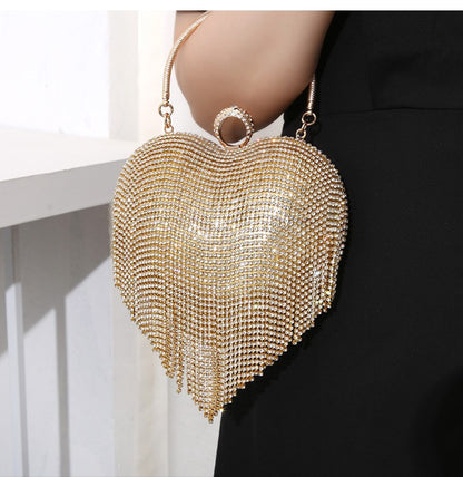 Rhinestone Evening Bag Heart Pattern Silver Handbag Womens Diamond Tassel Banquet Clutch And Purse Wedding Bridal Prom Wallets