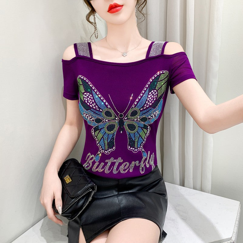 Summer New Fashion Cartoon T-shirt Chic Hollow Out Hot Diamonds Tees Sexy Off Shoulder Short Sleeve Women's Tops Blouse