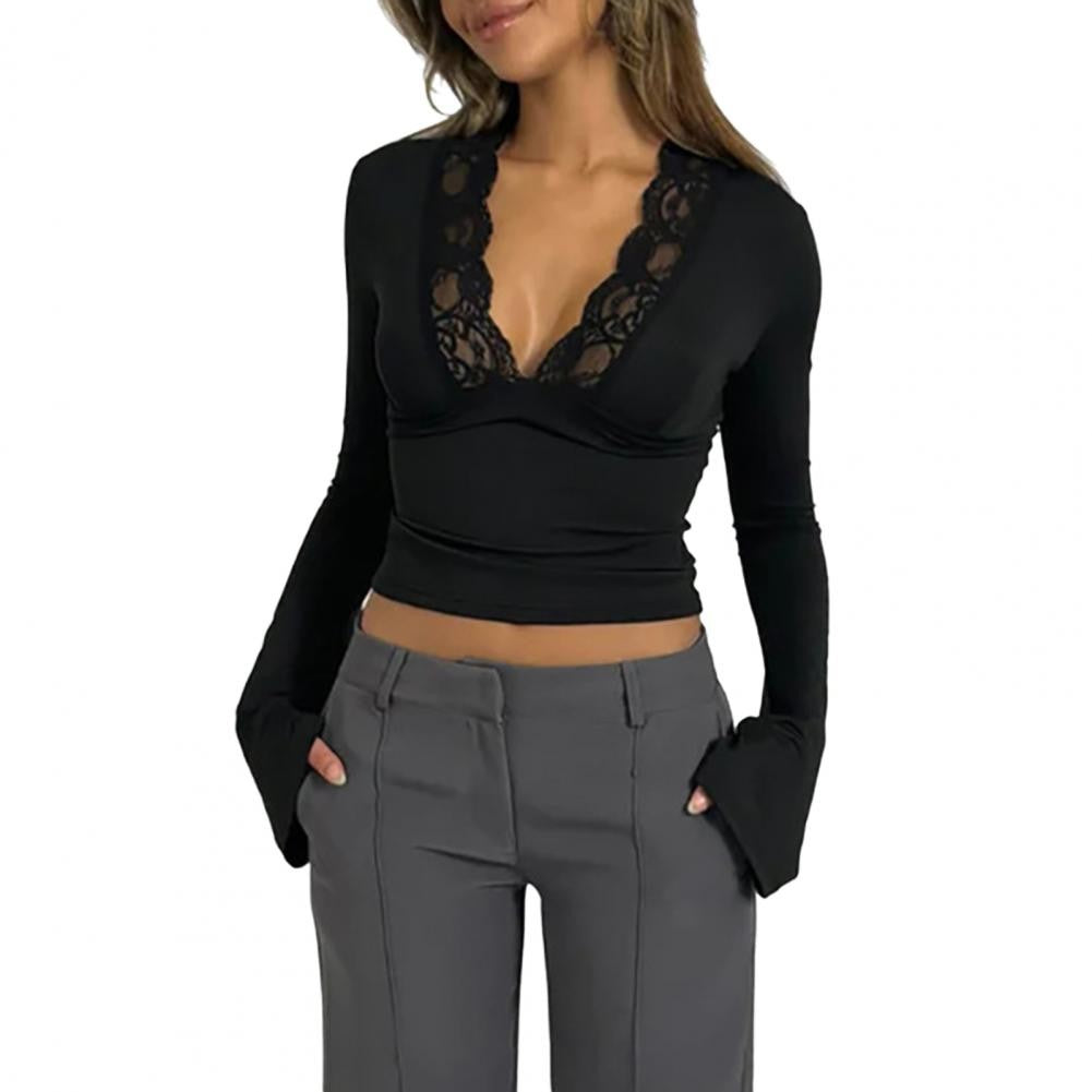 Women's Blouses Sexy Lace Deep V Neck Long Bell Sleeves Top Slim Fit Low Cut Sheer Mesh Shirt For Spring Fall Women's Clothing