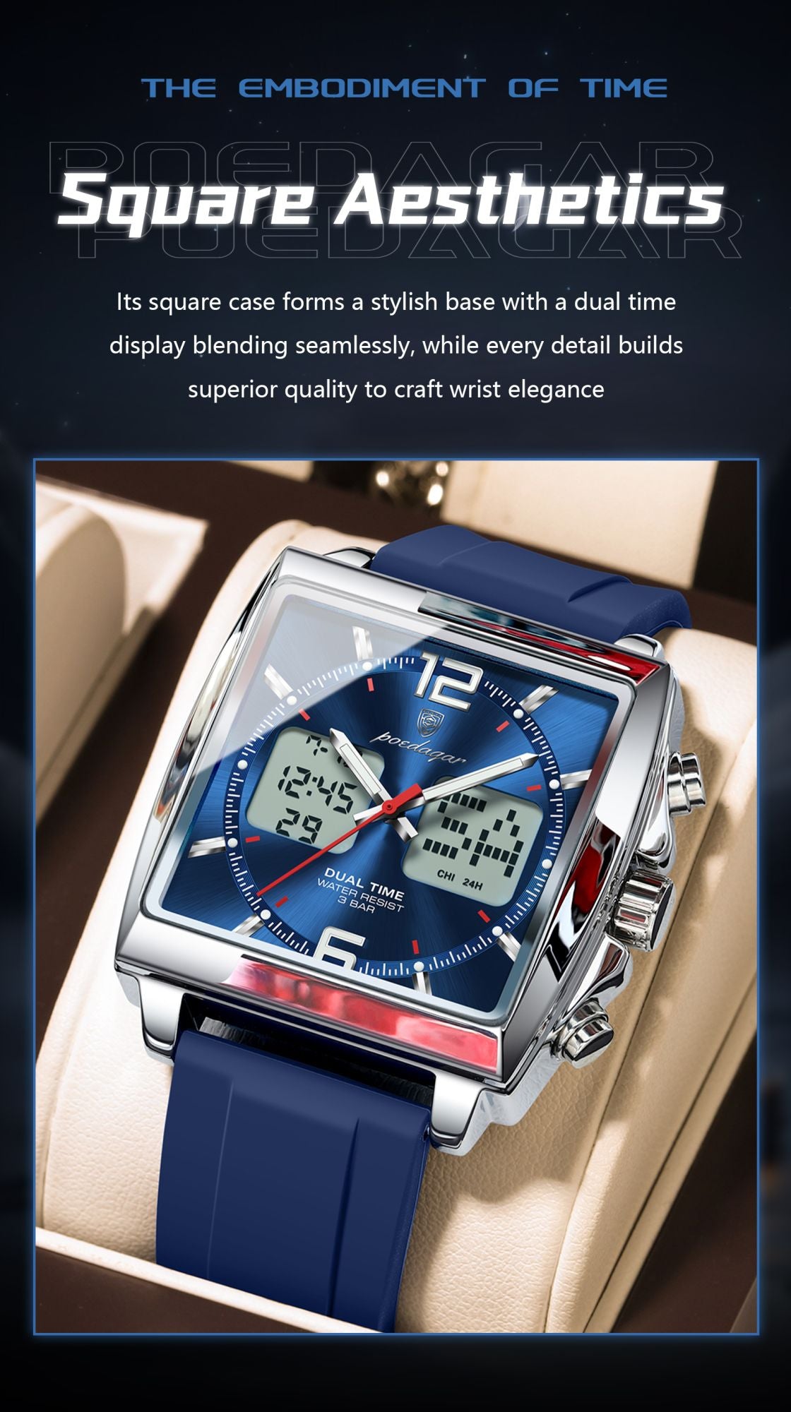 POEDAGAR Luxury Top Man Watch Electronic Square LED Alarm Chronograph Men's Watches Week Date Dual Time Display Men Quartz Clock