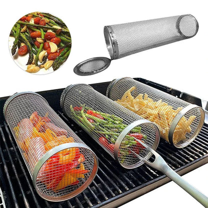 High - Quality Circular Stainless Steel Rolling BBQ Basket - Sturdy Wire Mesh Cylinder - Ideal for Outdoor Camping Barbecuing