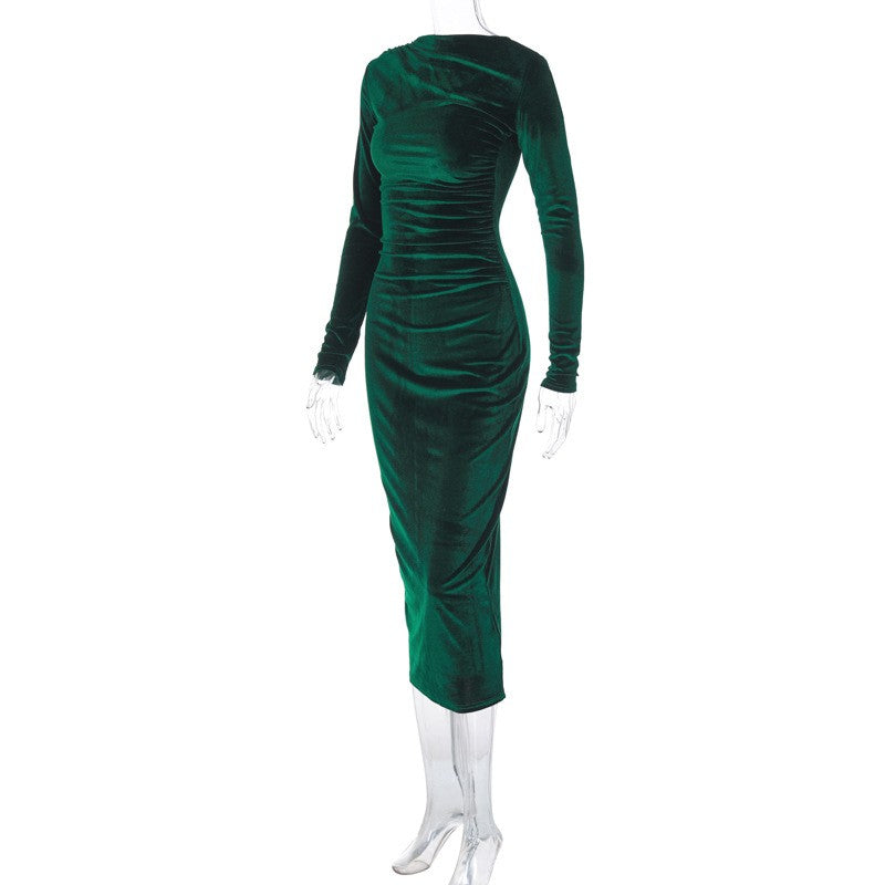 Dulzura 2024 Spring Summer Velvet Long Sleeve Midi Dress For Women Ruched Long D