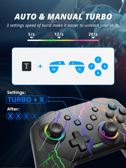 Wireless Controller For Switch OLED Console Pro Gamepad with Rechargeable Battery Programmable Turbo Function RGB Light