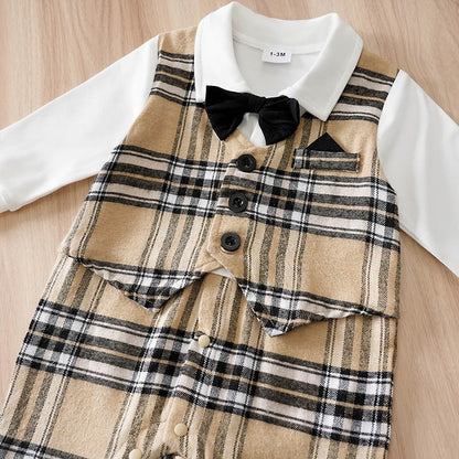 Newborn Baby Boy Clothes white baby onesie with khaki check print One-piece Vest gentleman's spring and autumn pajamas