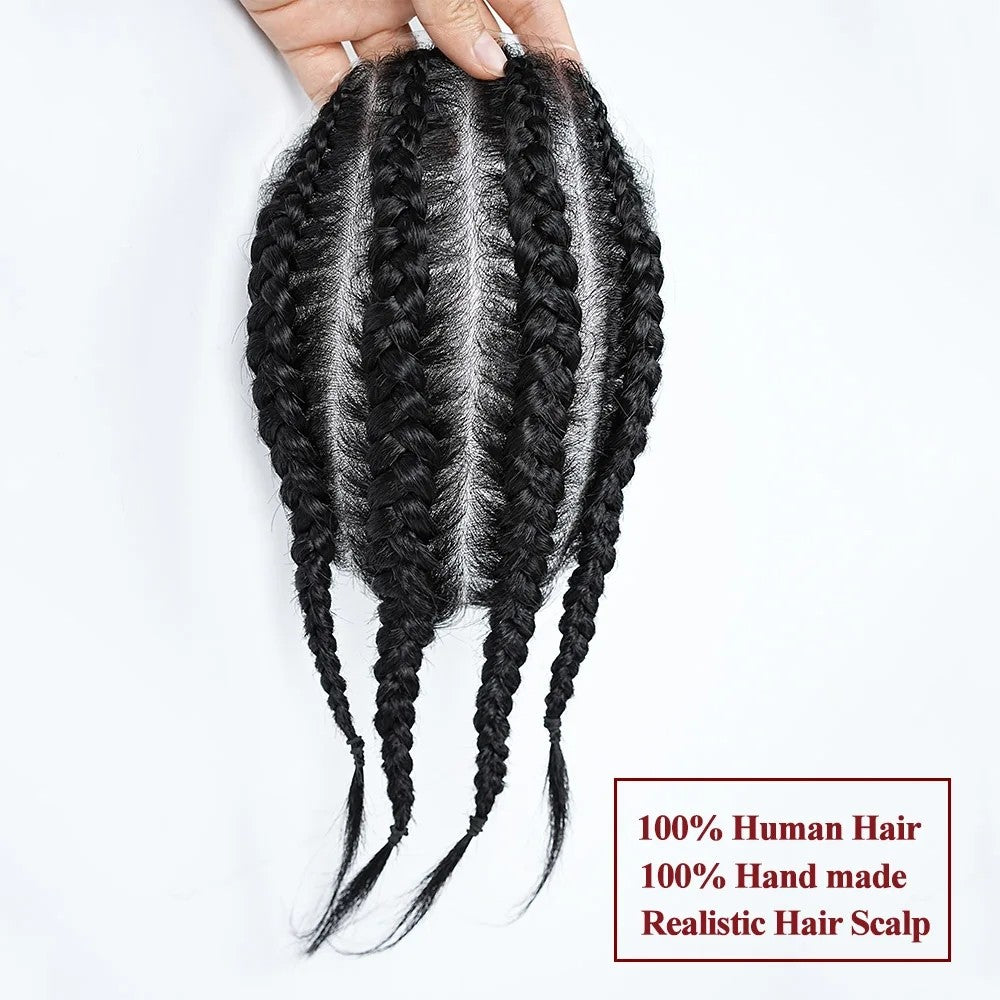 Peruca Masculina Cornrow Box Braids de Cabelo Humano, Touca Masculina de Cabelo Humano com Pele PU, Sistemas de Substituição de Cabelo para Homens, Prótese Capilar