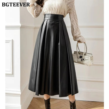 BGTEEVER Spring Autumn Loose PU Leather A-line Skirts Women Elegant High Waist Pleated Faux Leather Skirts Female