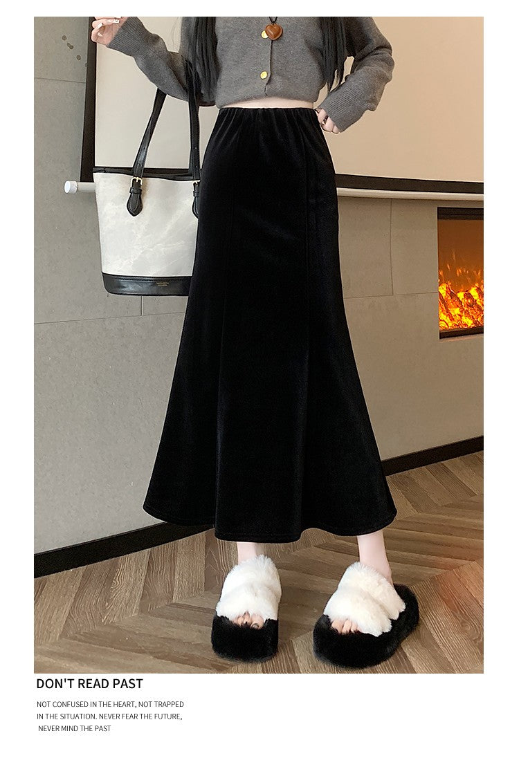 Elastic Velvet Long Black Skirts Women 2025 Casual Korean Fashion Y2k Clothes Mid Length Elegant High Waist Harajuku Maxi Skirt