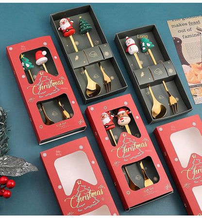 Warm Christmas Gift! Creative Santa Doll Dessert Spoon Fork 2-Piece Set Portable Tableware in Gift Box Sweet Surprise Friends