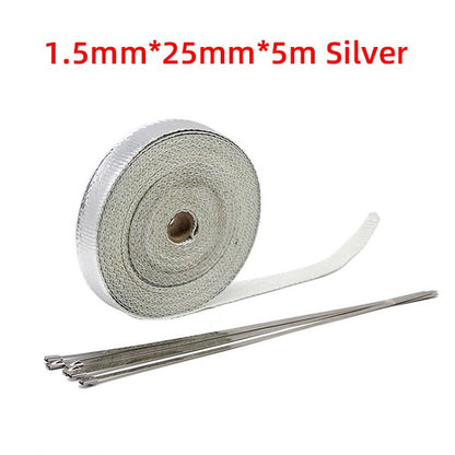 Motorcycle Exhaust Heat Shield Thermal Tape Heat Wrap Fiberglass With Stainless Ties for Motocross ATV 2.5cm*5M Protection Moto