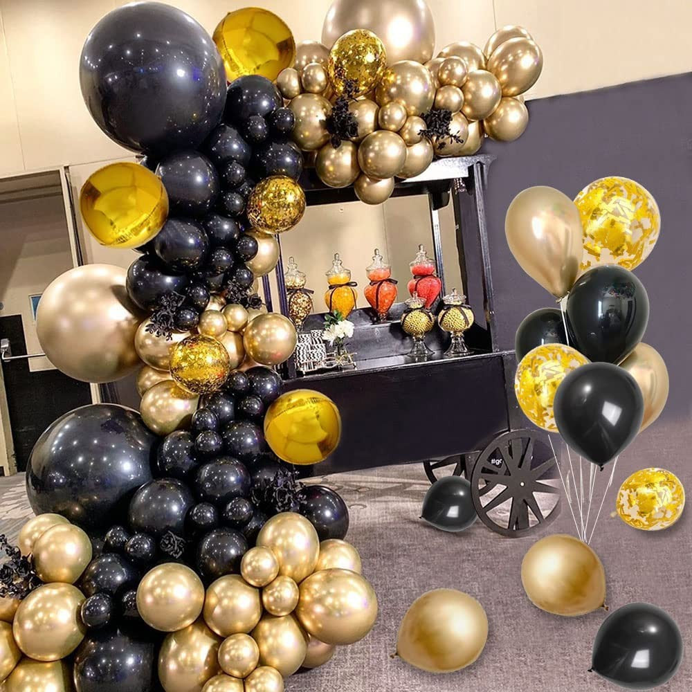 Black and Gold Balloons Garland Arch Kit with Starburst Foil Balloons for Wedding Birthday Family Party Decorations Supplies