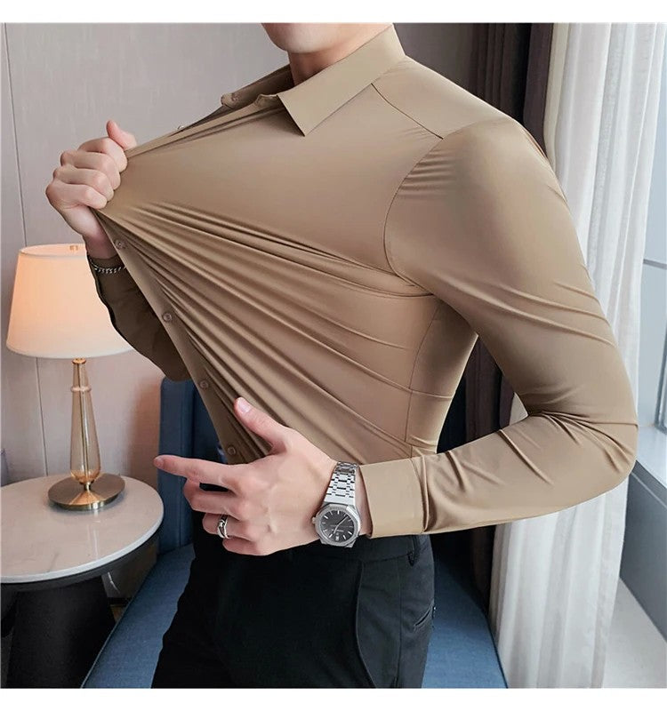Men's Long Sleeved Elastic Shirt No Ironing Business Wear Professional Workwear Stand Up Collar Shirt Casual Solid Color Shirt