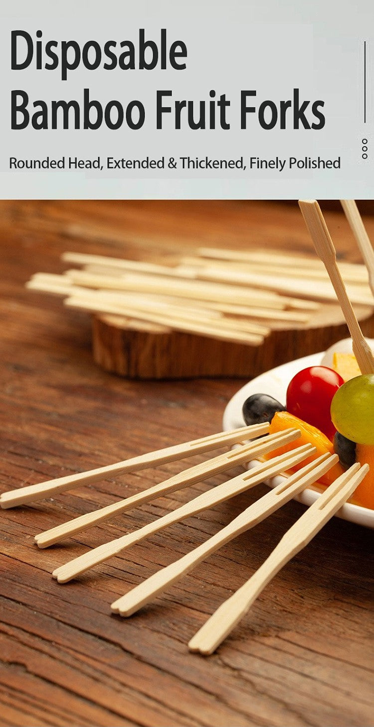100 unidades de garfo de frutas de bambu descartável de madeira, palito de dente de frutas, conjunto de garfos de sobremesa, utensílios de mesa para festas em casa, garfos descartáveis SGC02