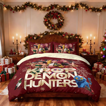 3pcs Christmas K-Pop Demon Hunters Print Coreless Bedding Set Multi Size Bedroom Bedding Decoration Machine Washable