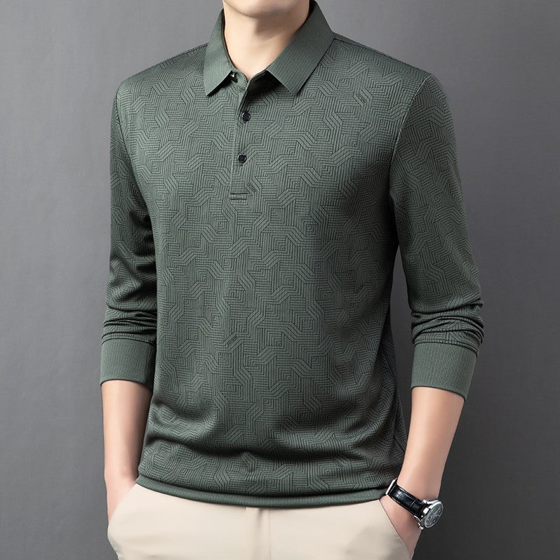 New Men's Business Casual Long Sleeved Shirt with Badge Solid Color Polo Shirt Fashionable Breathable Comfortable Versatile Top