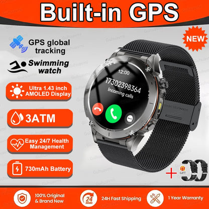 Novo T-Rex 3 GPS Smart Watch AMOLED de 1,43" à prova d'água 10ATM GNSS de banda dupla integrado Bússola Militar Esportivo Smartwatch Pulseira Masculina